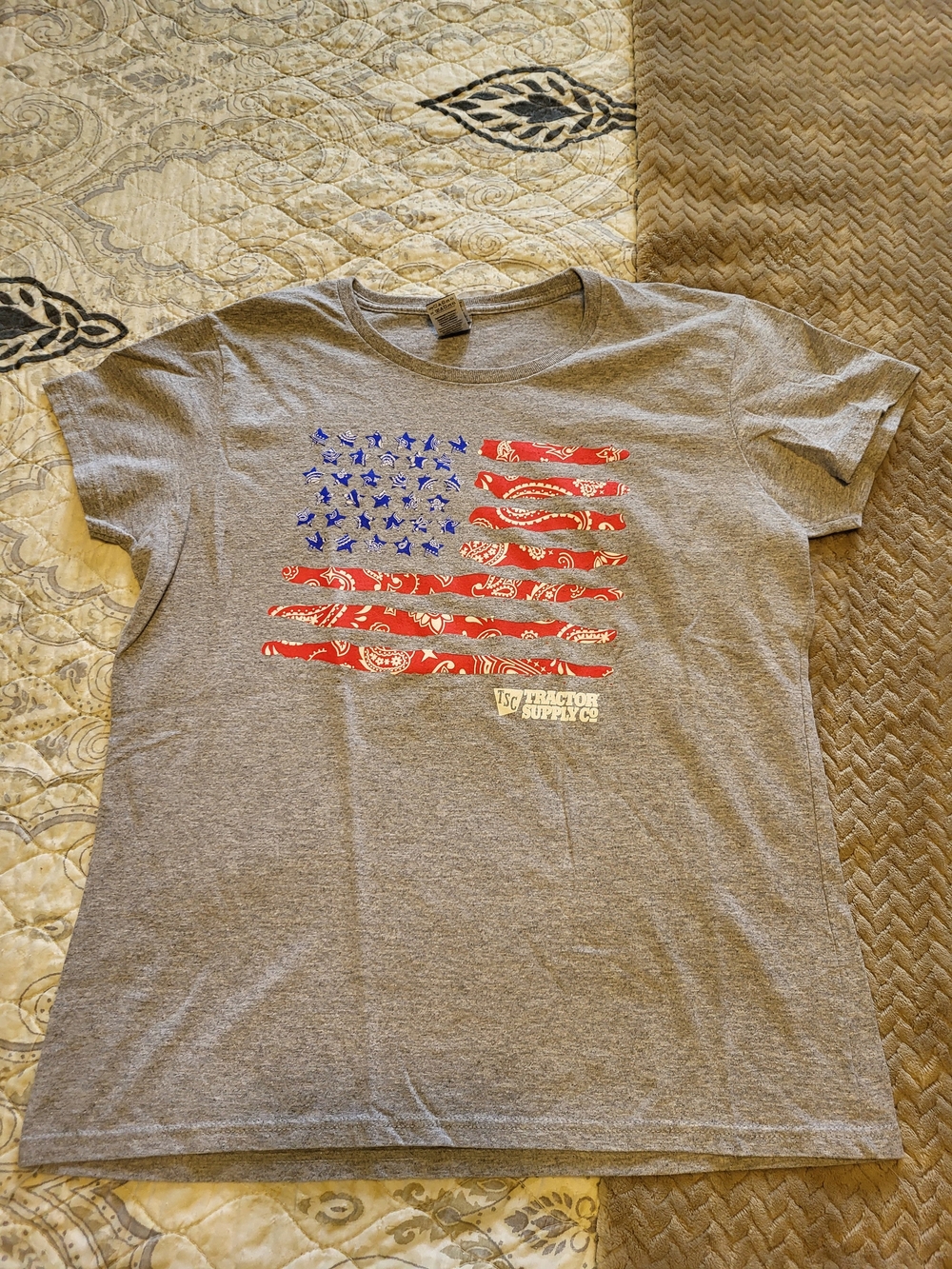 Gildan Gray Short Sleeve Tee with Red & Blue American Flag Graphic